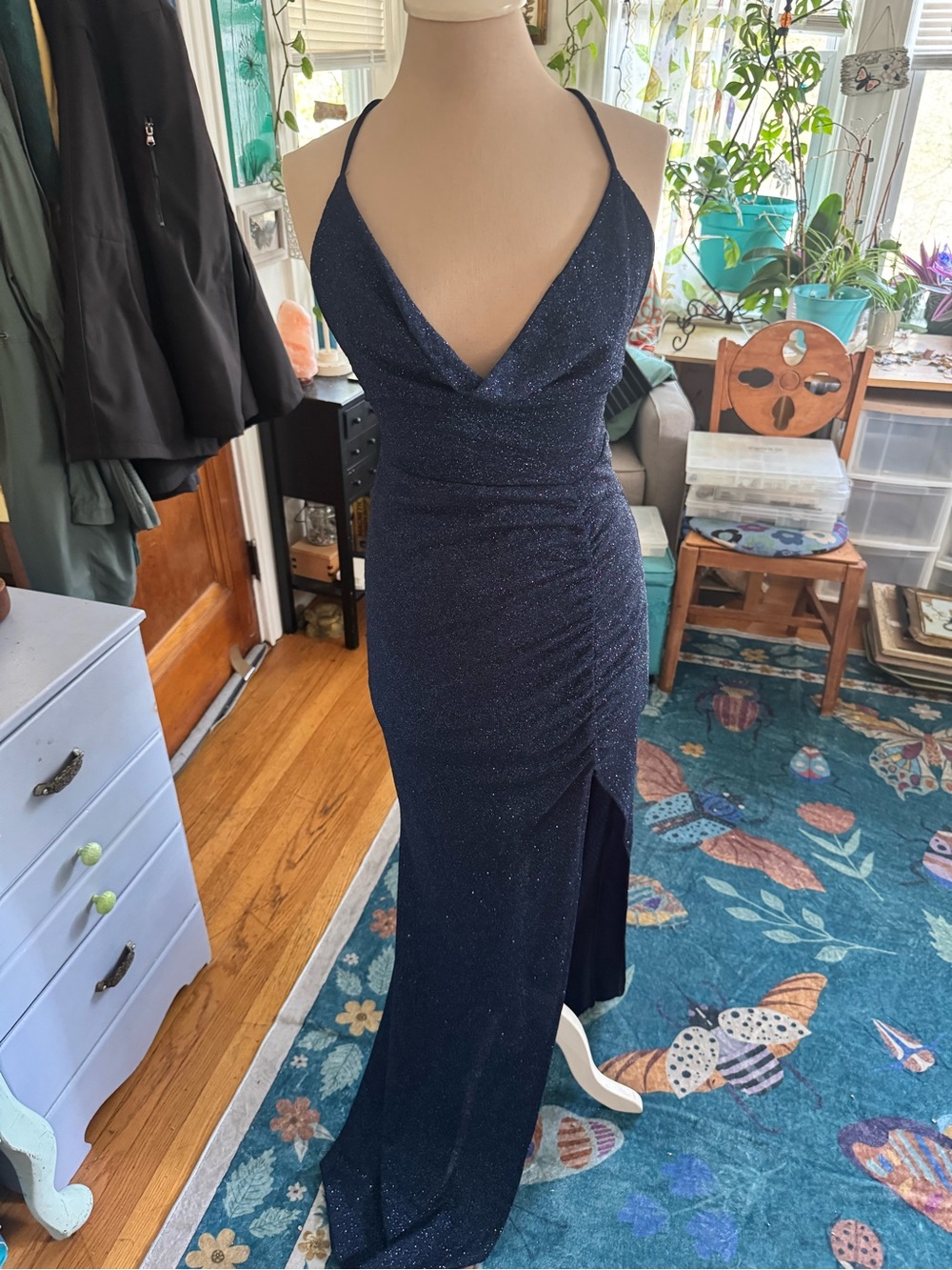 WINDSOR Sparkle Navy Cowl Neck Evening Gown M Bodycon Strappy Dressy VGUC